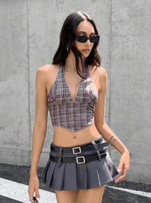 SHEIN Unity 女士夏季格子不对称下摆性感露背短款上衣 - 摩卡棕 - 查看 7