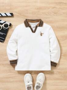 SHEIN Leap Crew Young Boy Casual Comfortable Deer Pattern Ribbed Collar Polo Shirt - White - View 1
