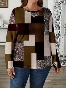 EMERY ROSE Camiseta de manga larga con cuello redondo, estampado de bloques de color, estilo vintage informal para mujer de talla grande, otoño/invierno - Multicolor - Ver 5