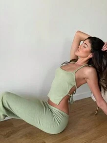 INAWLY Bộ 2 món đồ nữ màu trơn, áo và chân váy hở lưng cổ yếm, gợi cảm mùa hè. - màu xanh lá - Xem 4