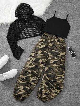 3入組少女休閒時尚網眼連帽長袖上衣，肋針針織背心和迷彩裝載褲套裝