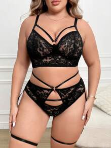 Set Bra Tanpa Kawat Seksi Ukuran Plus 5pcs dengan Renda dan Jala Kontras - Hitam - View 1