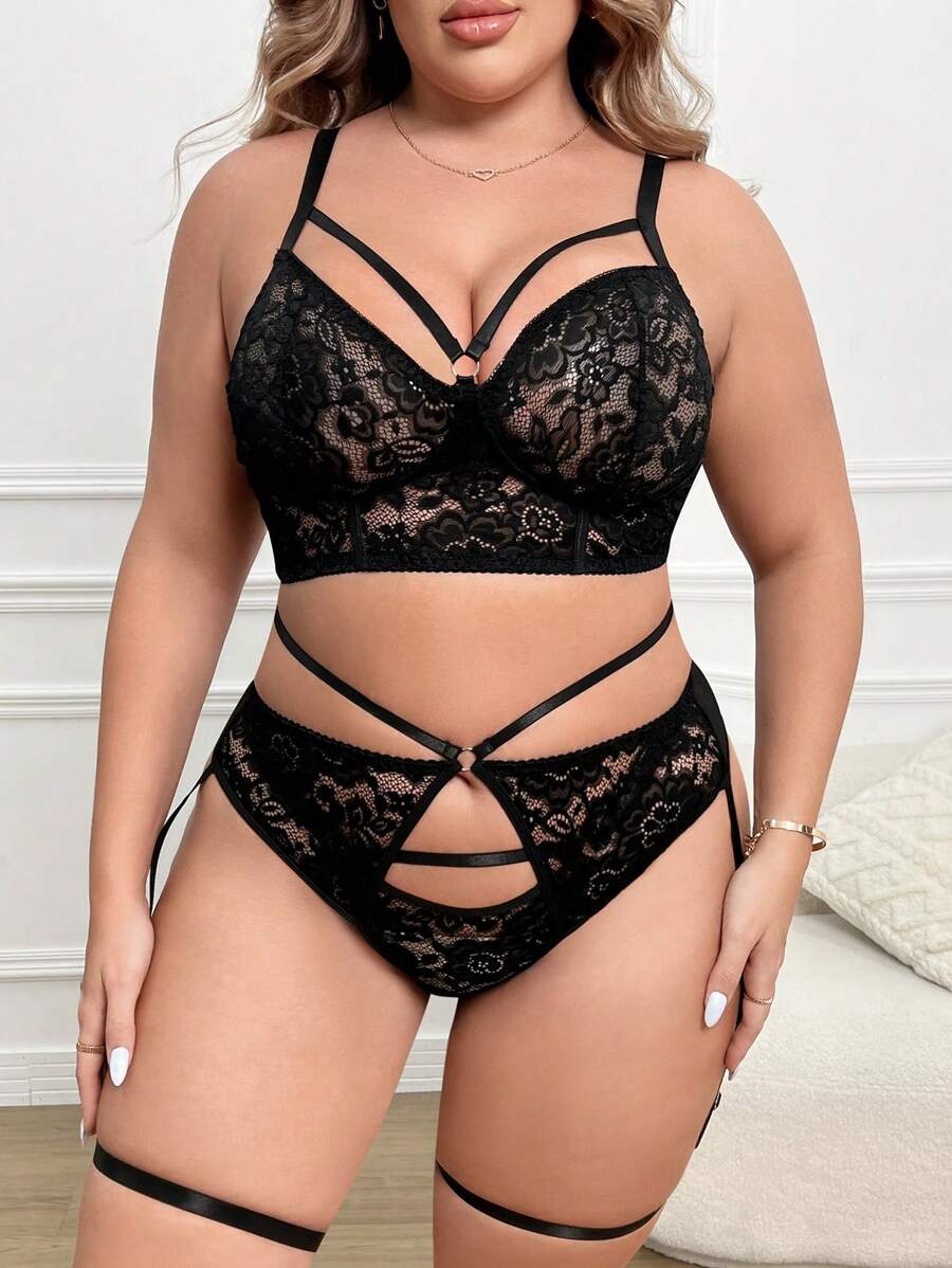 Set Bra Tanpa Kawat Seksi Ukuran Plus 5pcs dengan Renda dan Jala Kontras - Hitam - View 1