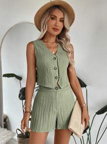 SHEIN LUNE Bộ hai món áo vest xanh và quần áo bảo hộ lao động thường ngày từ hè đến thu cho nữ - màu xanh lá - Xem 6