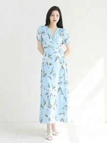 DAZY Women Floral V-Neck Fitted Short Sleeve Dress, Autumn Sundress