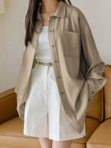 DAZY Solid Color Polo Collar Business Casual Shirt, Suitable For Autumn - Khaki - View 4