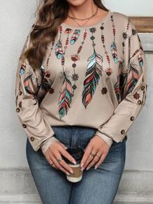 SHEIN LUNE Camiseta de manga larga de cuello redondo holgada con efecto tie dye para mujeres de talla grande, ropa de mujer de vuelta al colegio para otoño, atuendo de viaje para el aeropuerto