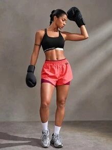 Easithlete Women's Criss-Cross Back Letter Print Colorblock Sports Bra