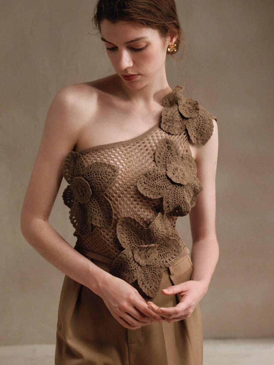 Áo vest không tay hoa 3D móc thông thường cho nữ - Màu Khaki - Xem 1