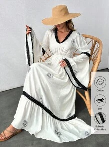 SHEIN Cottnline Embroidered Contrast Trim Vacation Dress - Beige - View 1