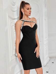 ADYCE 1pc Women's Rhinestone Embellished One-Shoulder Backless Bodycon Party Bandage Dress - Black - View 6