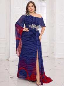 Plus Size Single-Breasted Beaded Decor Modest Long Flare Sleeve Chiffon Dress With Randomly Cut Watercolor Printed Patterns, Waist With Beaded Flower And Sequin Trims, Elegant And Gorgeous Spring - Purple - View 4