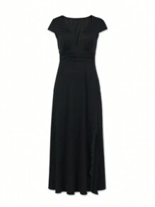 SHEIN Unity Ladies' Deep V-Neck Ruched Split Hem Dress - Black - View 1