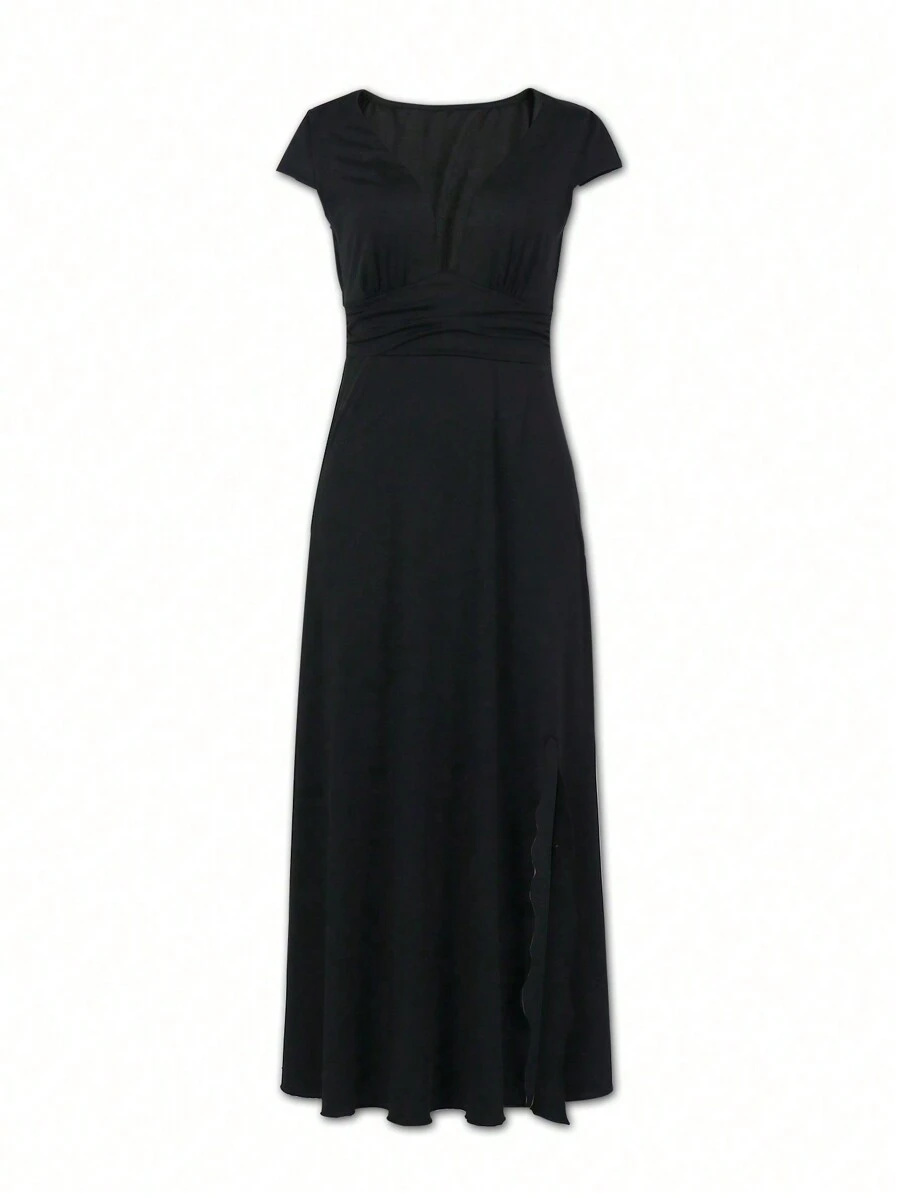 SHEIN Unity Ladies' Deep V-Neck Ruched Split Hem Dress - Black - View 1