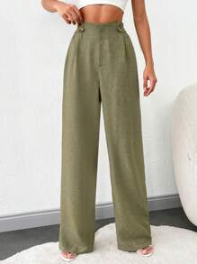 SHEIN Tall Tall Women Front Two Sided Button Detailed Linen Pants - Green - View 4