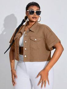 SHEIN SXY Áo sơ mi denim có kích thước lớn có túi trơn thông thường dành cho trang phục dạo phố - màu nâu - Xem 6