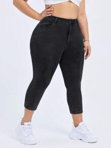 Flexra Plus Size Women's Solid Color Minimalist Daily Stretchy Knit Denim Jeans - Black - View 6