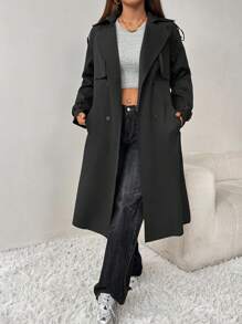 SHEIN PETITE Double Breasted Belted Trench Coat - Black - View 6