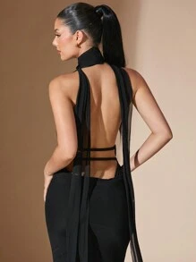 SHEIN BAE Women's Solid Color Deep V-Neck Backless Dress, Elegant Neck-Tie For Evening Party Event - Black - View 5