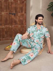 Men's Leaf Print Single Breasted Short Sleeve Top And Pants Pajama Set - Blue - View 2