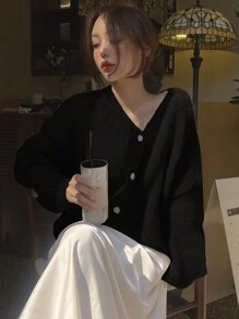 DAZY 女士 V 领宽松针织开衫、长袖上衣、秋装夹克 - 黑色 - 查看 5