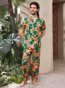 Manfinity ChillVibe Men's Floral Print Button-Down Short Sleeve Pajama Set, Summer - Green - View 4
