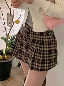 DAZY 女士格子A字迷你裙秋季半身裙 - 咖啡棕 - 查看 4