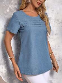 SHEIN LUNE Blusa vaquera suelta, cómoda, de manga corta y cuello redondo para mujer