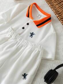 2pcs/Set Young Boy's Graphic Short Sleeve Polo Shirt And Shorts Set - White - View 6