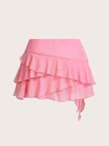 SHEIN ICON 女士多层荷叶边低腰 Y2K 迷你黑色半身裙 - 粉色 - 查看 2