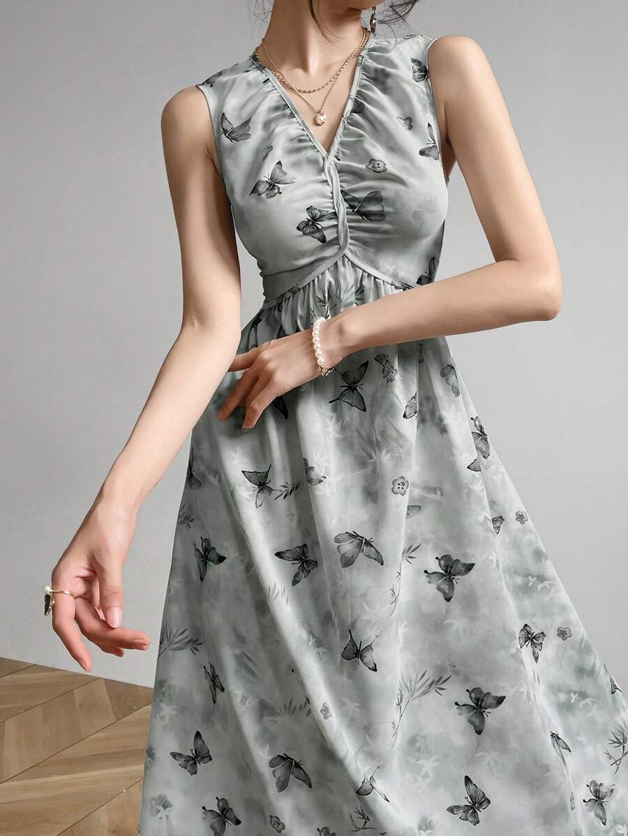 Modelyn Women's V-Neck Sleeveless Butterfly Print Casual Dress, Summer Long Evening Dresses