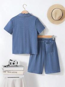SHEIN 2 cái/bộ thường ngày của Tween Boy's Áo thun ngắn tay in hình gấu bông dễ thương màu xanh lam và quần short dệt kim denim Bermuda ống rộng, dành cho quần áo đi học thông thường và đa năng - Rửa nhẹ - Xem 2