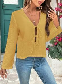 SHEIN VCAY 女士休闲纯色系腰衬衫 - 黃色 - 查看 4