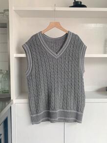DAZY 女式灰色简约日常V领麻花针织短袖毛衣秋季 - 灰色 - 查看 7