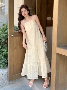 DAZY 女士夏季休闲纯色镂空刺绣吊带连衣裙，荷叶边，返校季服装，度假装，邮轮旅行装，女士长款连衣裙 - 米色 - 查看 4