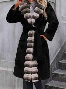 Chiquease Women's Autumn Winter Fashion Color Block Faux Fur Jacket Thermal - Black - View 4