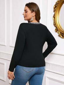 Reflora Colorblock Houndstooth Retro Elegant Long Sleeve Stretch Knit Curve Hem Top, Plus Size Fall Fashion 2026 - Black and White - View 7