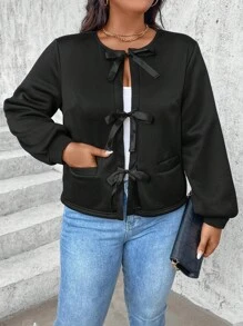 SHEIN LUNE 大码圆领蝴蝶结前口袋纯色简约设计夹克 - 黑色 - 查看 4