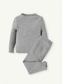 Cozy Pixies 2pcs Baby Girl Solid Color Ruffle Collar Long Sleeve Top And Leggings Set - Light Grey - View 15