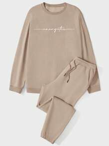 EURMUSE Men's Letter Print Sweatshirt And Joggers Set - Camel - View 1