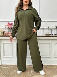 Mulvari 加大码 2 件套拉链色块长袖上衣和直筒宽松休闲裤，舒适四分之一拉链运动服套装 2 件套 - 彩色 - 查看 6