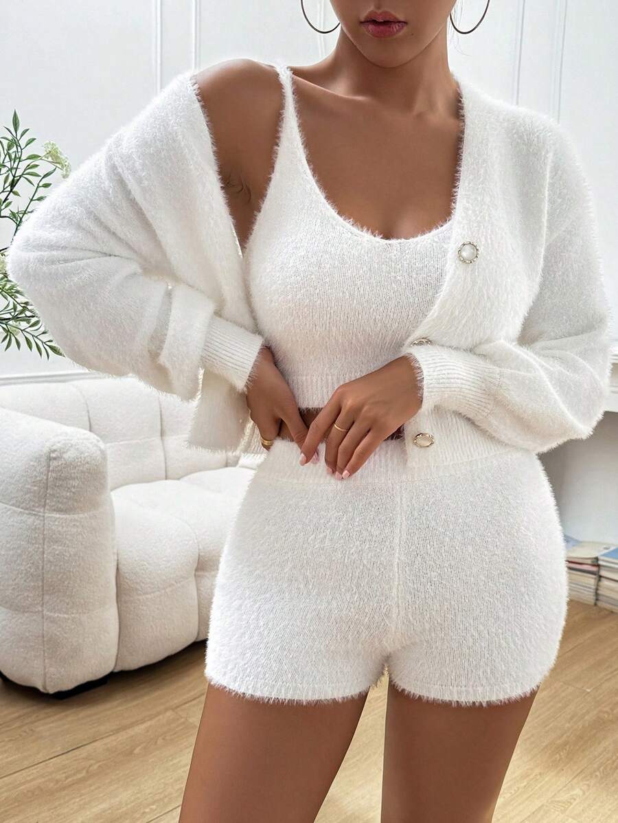 Chiquease Women's Solid Color White Minimalist Daily Wear Knit Sweater And Shorts 2-Piece Set Fall Cloth For Women - White - View 1