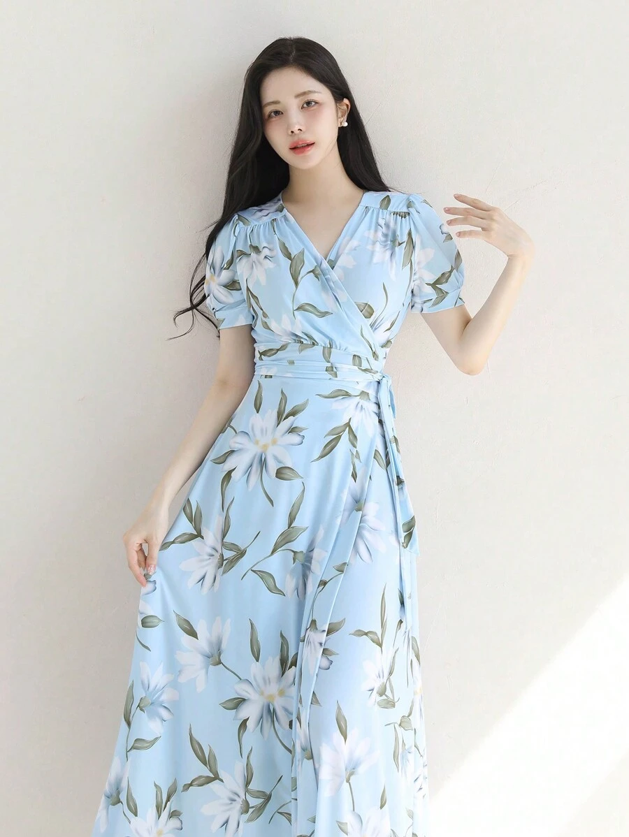 DAZY Women Floral V-Neck Fitted Short Sleeve Dress, Autumn Sundress