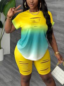 Slaydiva 2 件套休闲镂空修身 T 恤和渐变色紧身裤套装 - 彩色 - 查看 1
