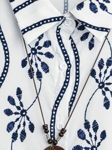 SHEIN LUNE Bộ 2 món Plus Size: Áo sơ mi dài tay in họa tiết và quần đồng màu - màu đen - Xem 3