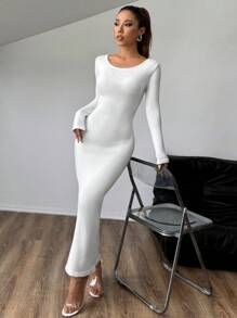 Flirla Áo dài tay dài cổ tròn màu trơn vừa vặn cho nữ, trang phục thường ngày - trắng - Xem 7