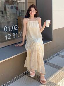 DAZY 女士夏季休闲纯色镂空刺绣吊带连衣裙，荷叶边，返校季服装，度假装，邮轮旅行装，女士长款连衣裙 - 米色 - 查看 7