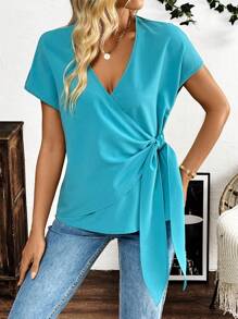 SHEIN LUNE Sơ Mi Slim Fit Cổ Chữ V Thanh Lịch Và Quyến Rũ - Màu xanh lam - Xem 3