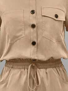 SHEIN LUNE Women's Button Pocket Short Sleeve Drawstring Jumpsuit - Khaki - View 3