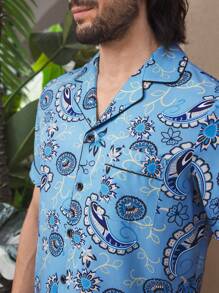 Manfinity Underwear&Sleepwear Basics Conjunto de casa con camisa de manga corta de solapa y pantalones con estampado de paisley para hombre - Azul - Ver 6